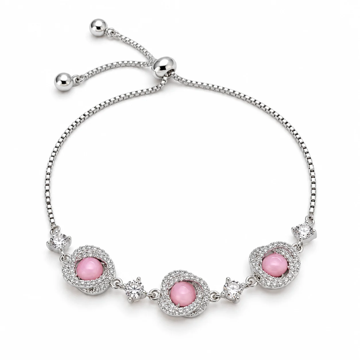 Silver-Tone Bolo Bracelet with Pink Round Accents and Clear Sparkling Borders
