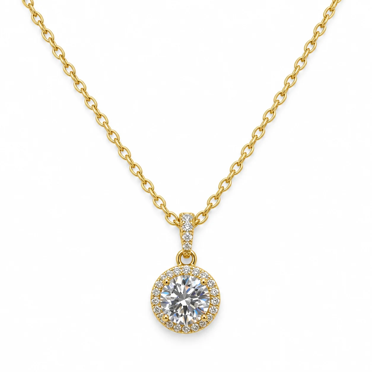 Gold-tone Fine Chain Necklace with Round Clear Halo Pendant