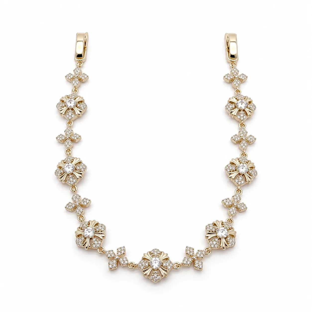 Pale Gold-Tone Alternating Floral and Rounded-Square Link Bracelet
