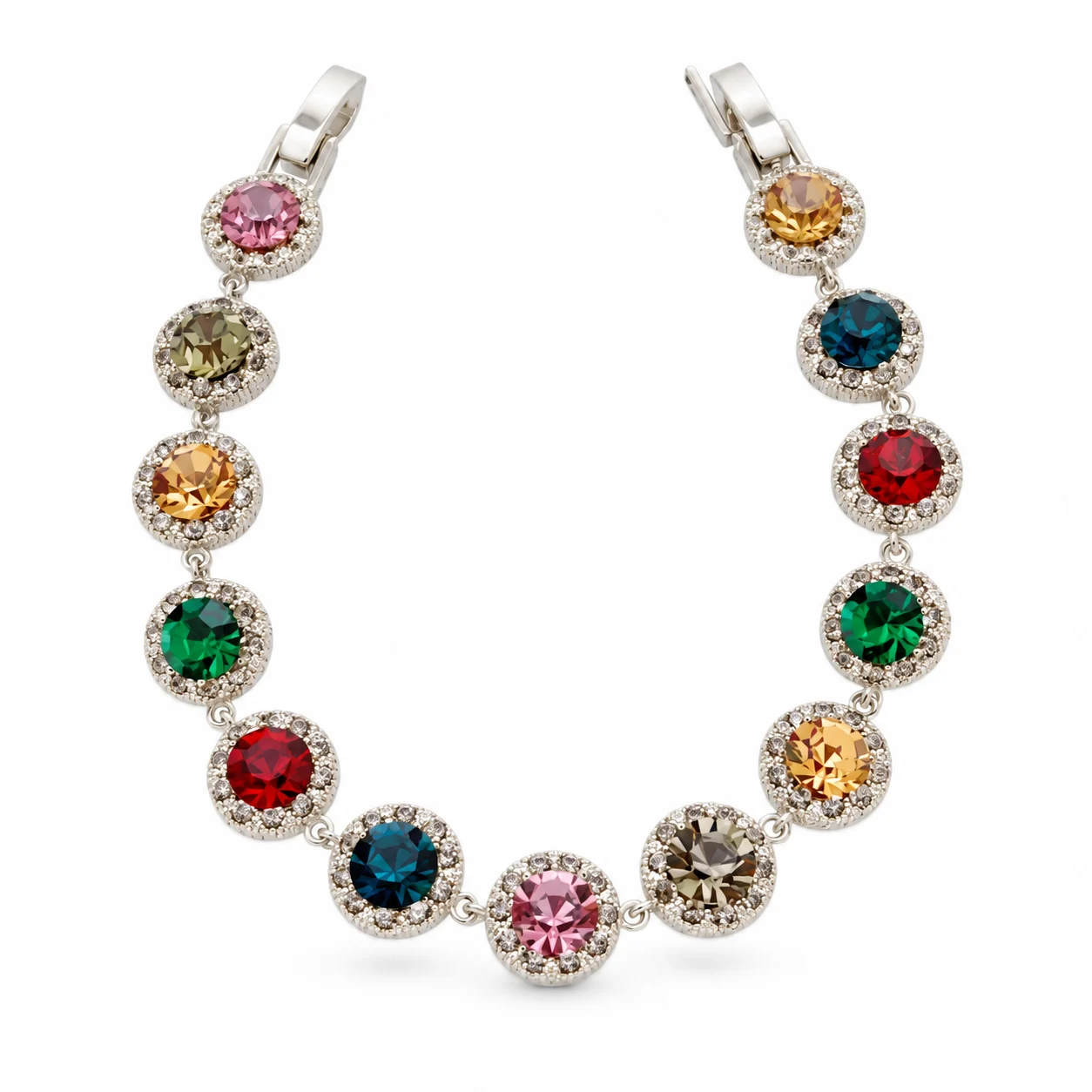Silver-tone Multicolor Round Halo Link Bracelet