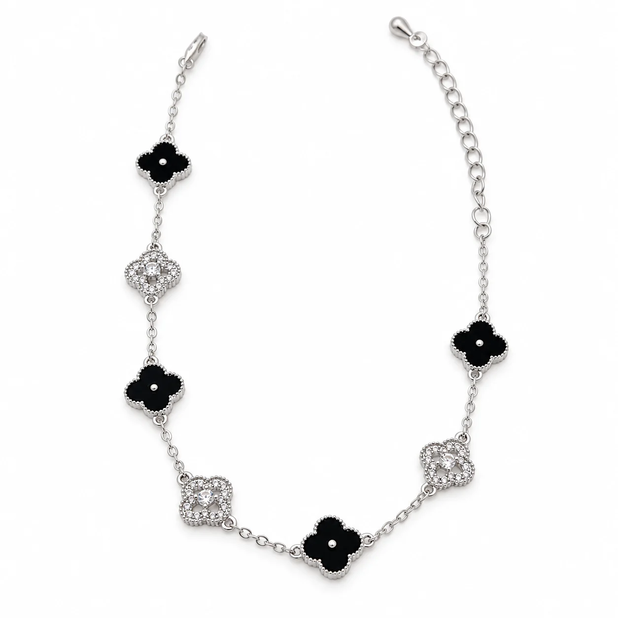 Silver-tone Chain Bracelet with Black and Clear Sparkling Clover Motifs