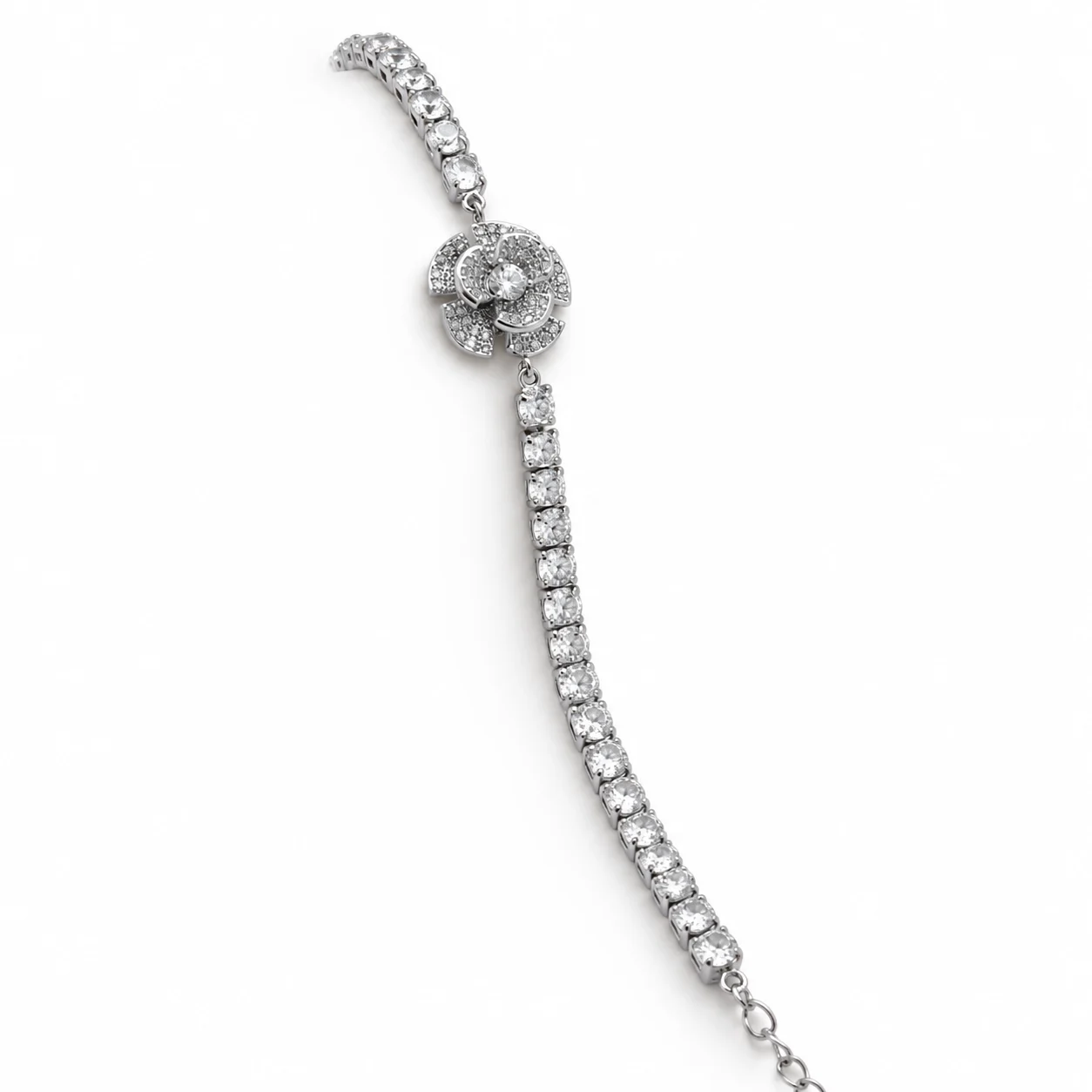 Silver-tone Clear-Stone Tennis Bracelet with Layered Flower