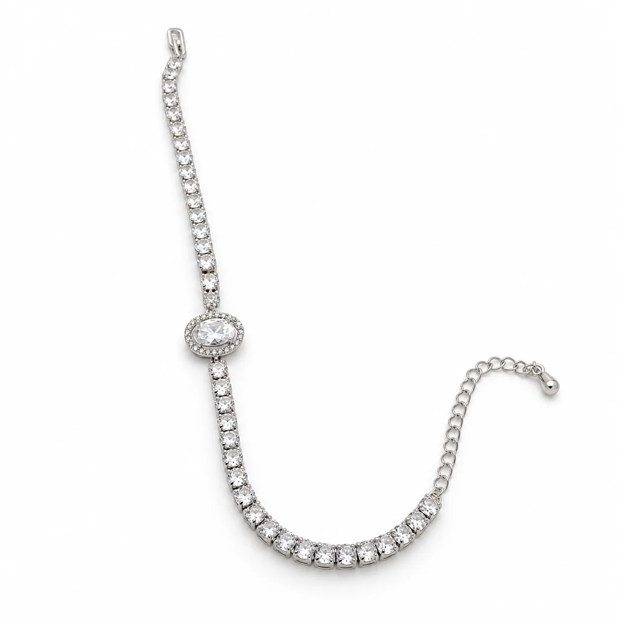 Silver-tone Clear Stone Tennis Bracelet with Oval Halo Center