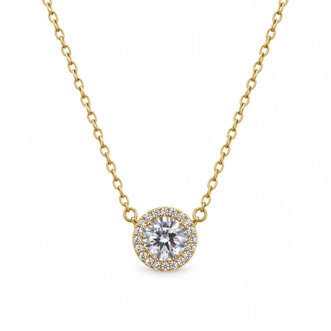 Gold-Tone Fine Chain Necklace with Round Clear Halo Pendant