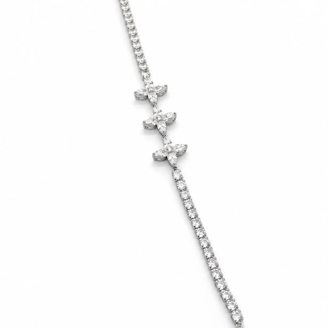 Silver-tone Tennis-style Bracelet with Three Four-petal Floral Clusters