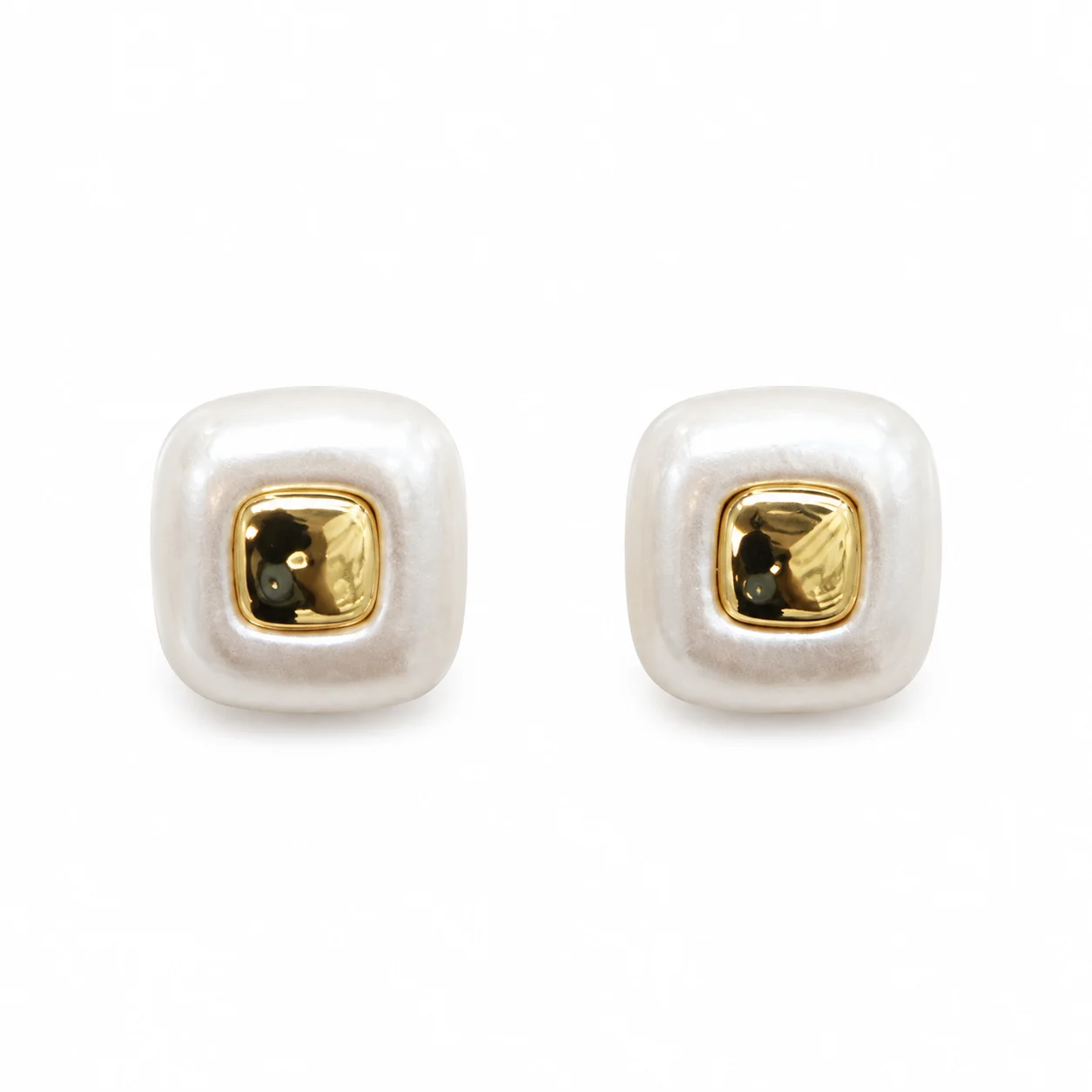 Pearlescent White Rounded-Square Stud Earrings with Gold-Tone Centers