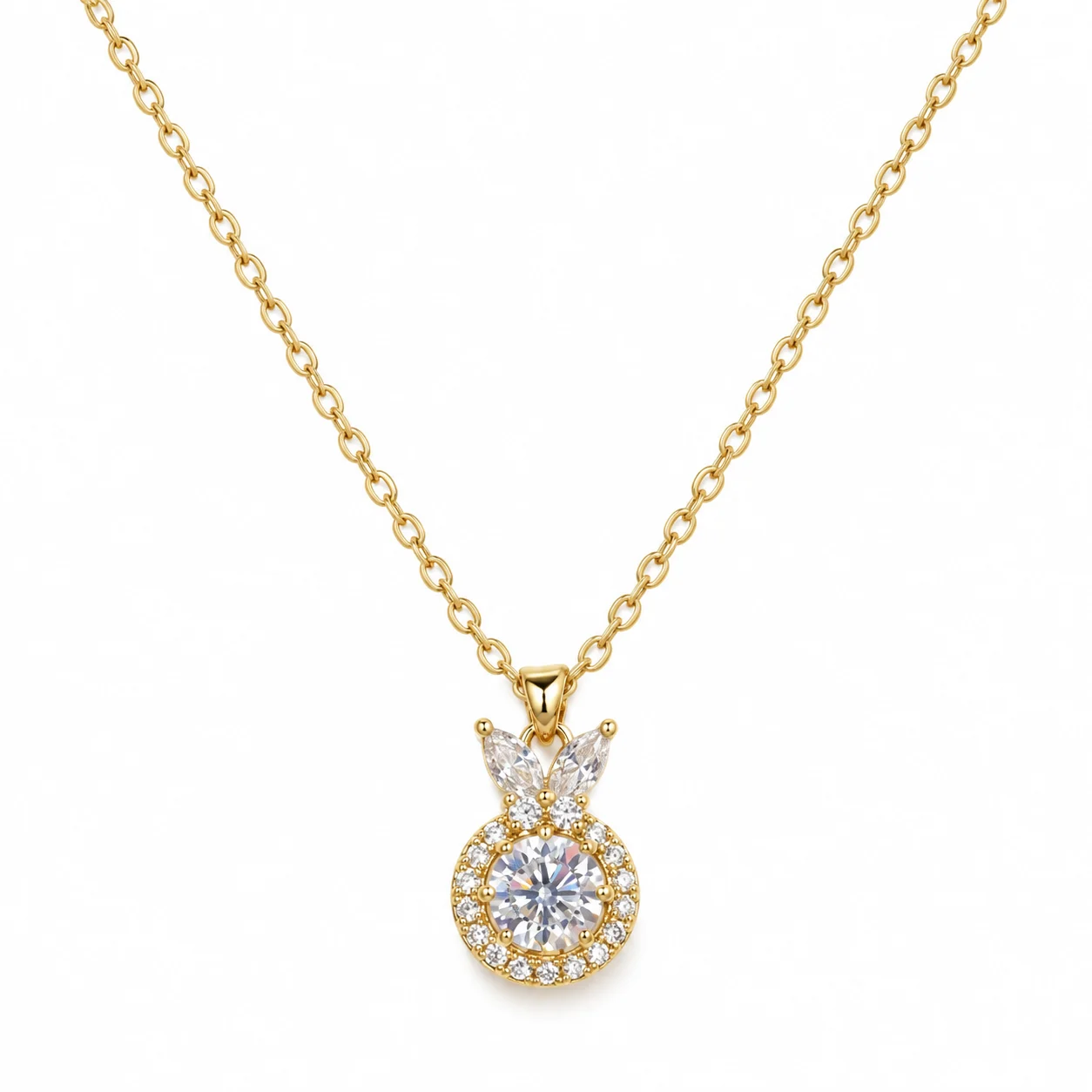 Gold-Tone Fine Chain Necklace with Round Halo Pendant and Paired Pointed Accents