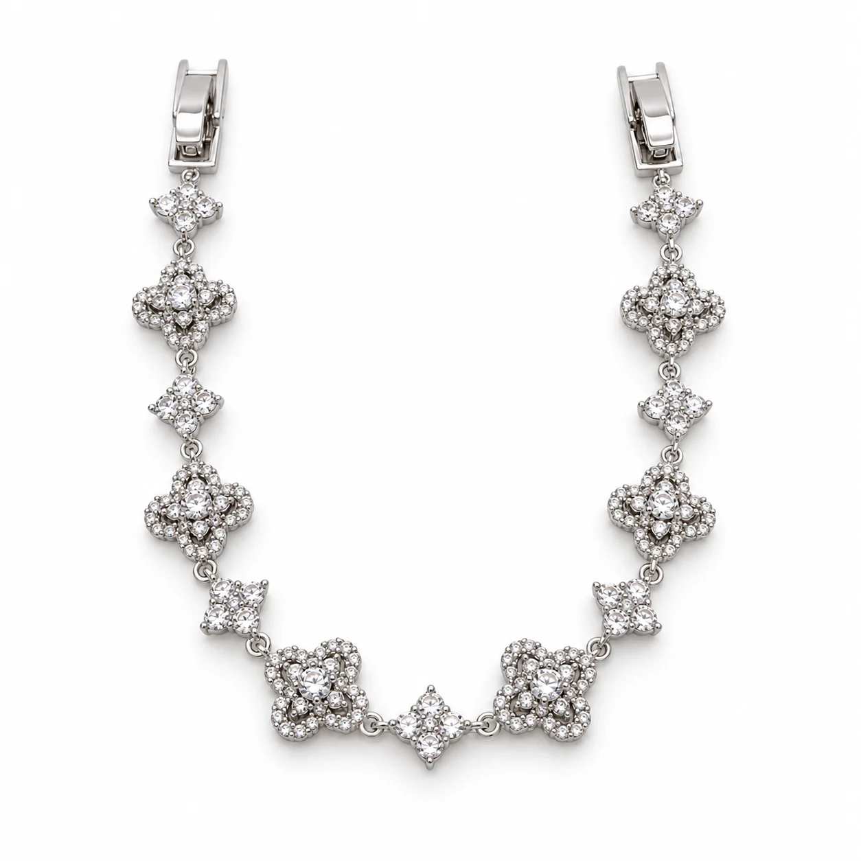 Silver-tone Clear-stone Four-petal Floral Link Bracelet