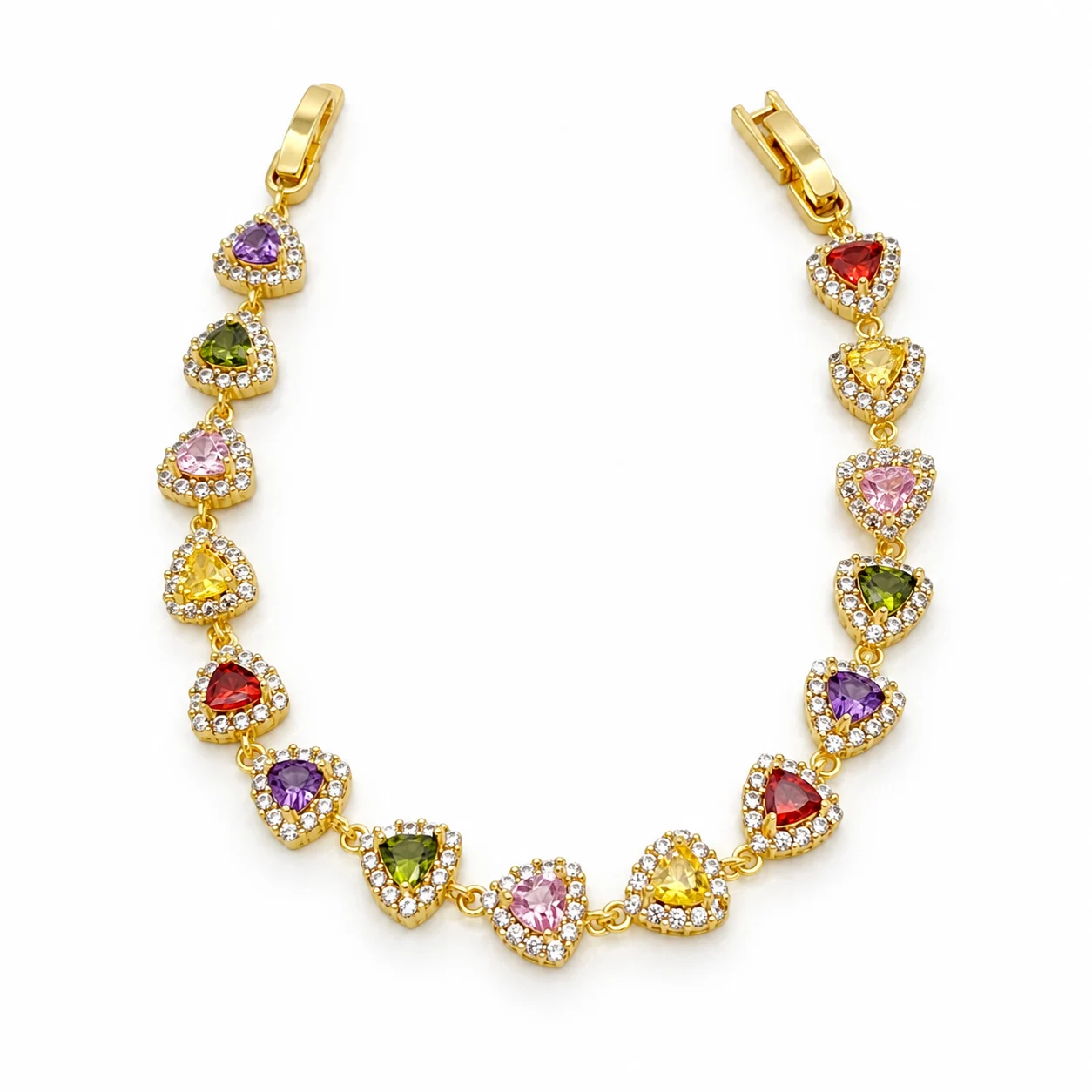 Gold-tone Multicolor Rounded-Triangle Halo Bracelet