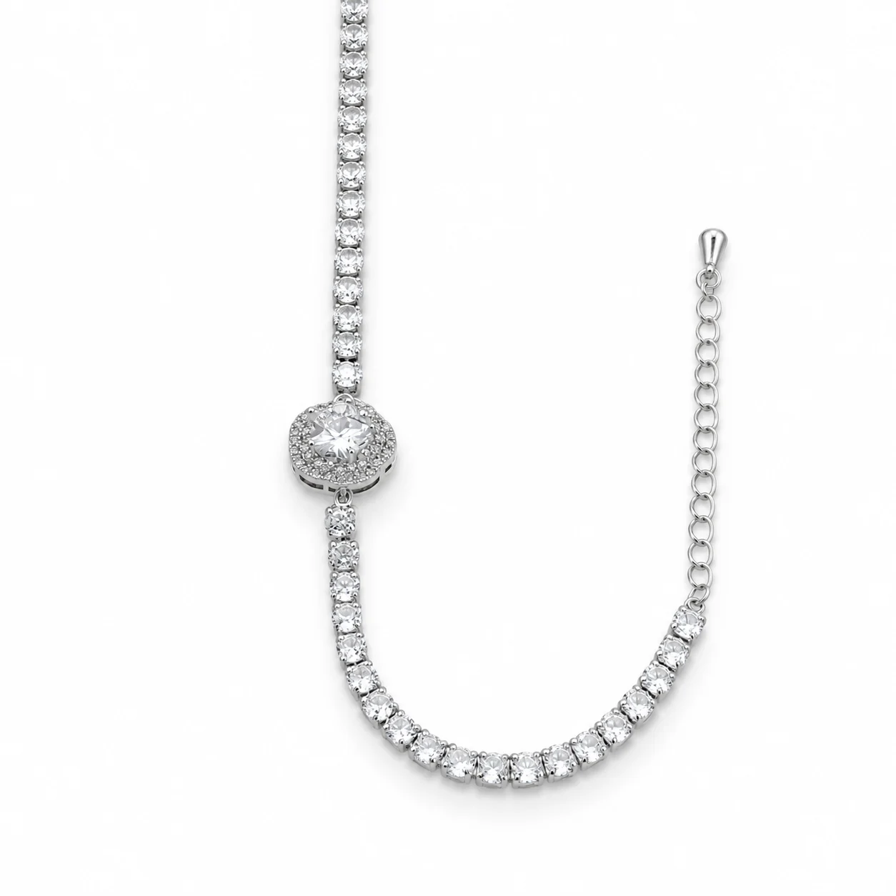 Silver-tone Clear Stone Tennis Bracelet with Round Halo Detail