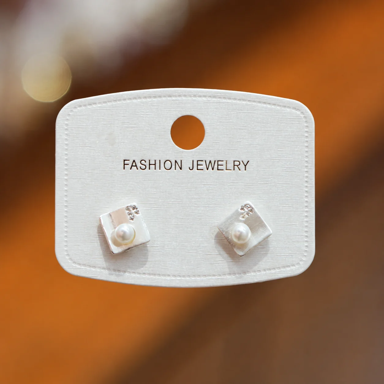 Silver-tone Square Stud Earrings with White Bead Accents