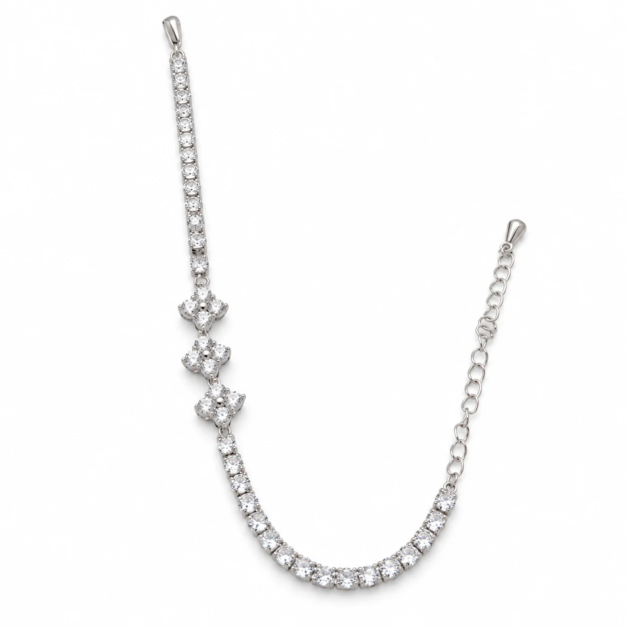 Silver-tone Clear Stone Tennis Bracelet with Three Floral Clusters