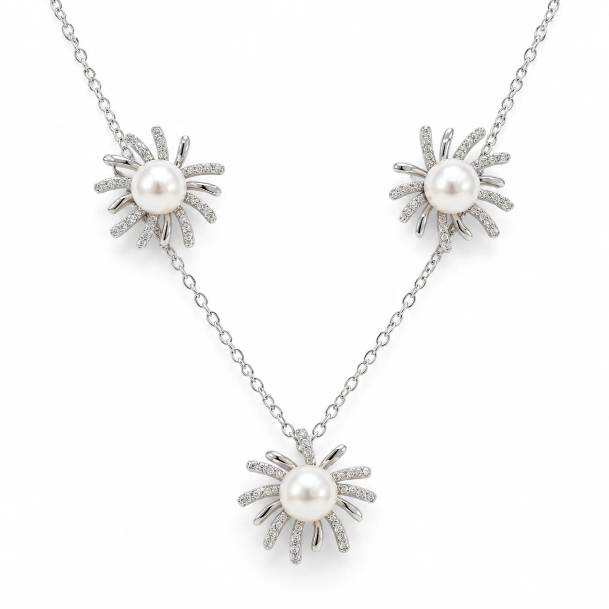 Silver-tone Radiating Flower Necklace and Earrings Set with White Bead-like Centers