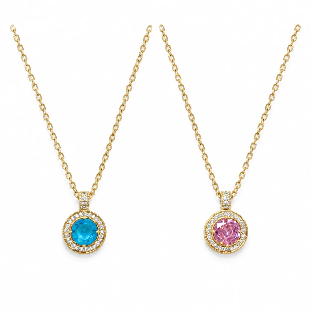 Gold-Tone Fine-Chain Round Halo Pendant Necklaces in Blue and Pink-Purple