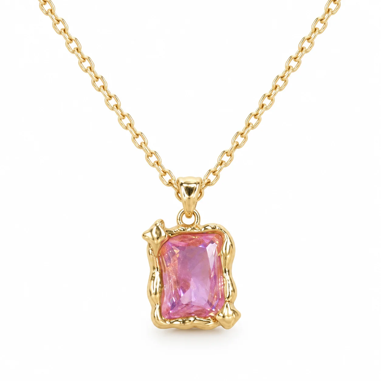 Gold-Tone Necklace with Pink Rectangular Pendant and Irregular Frame