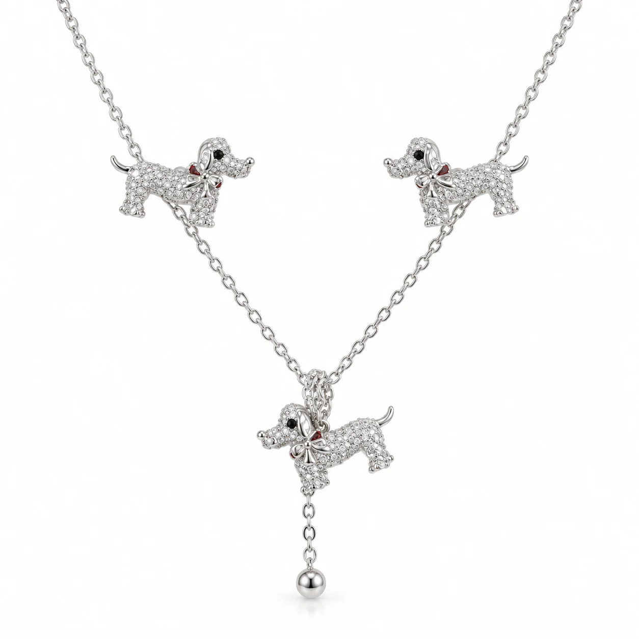Silver-tone Dog and Bow Necklace and Earrings Set