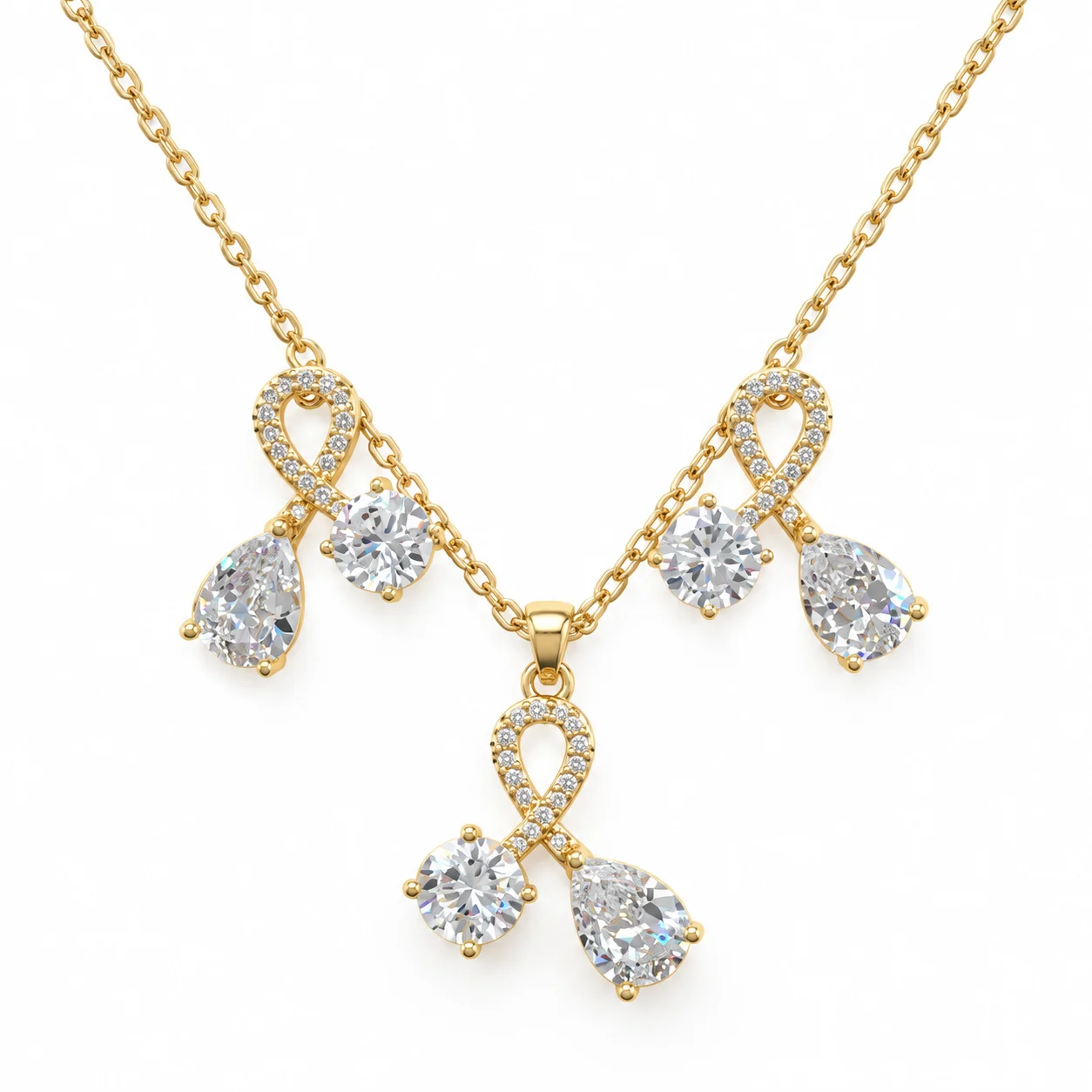 Gold-tone Openwork Crossed-loop Necklace and Earrings Set with Round and Pear-shaped Clear Stones