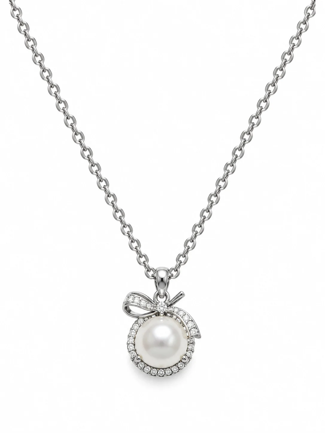 Silver-tone Bow Necklace with Round Pearlescent White Pendant