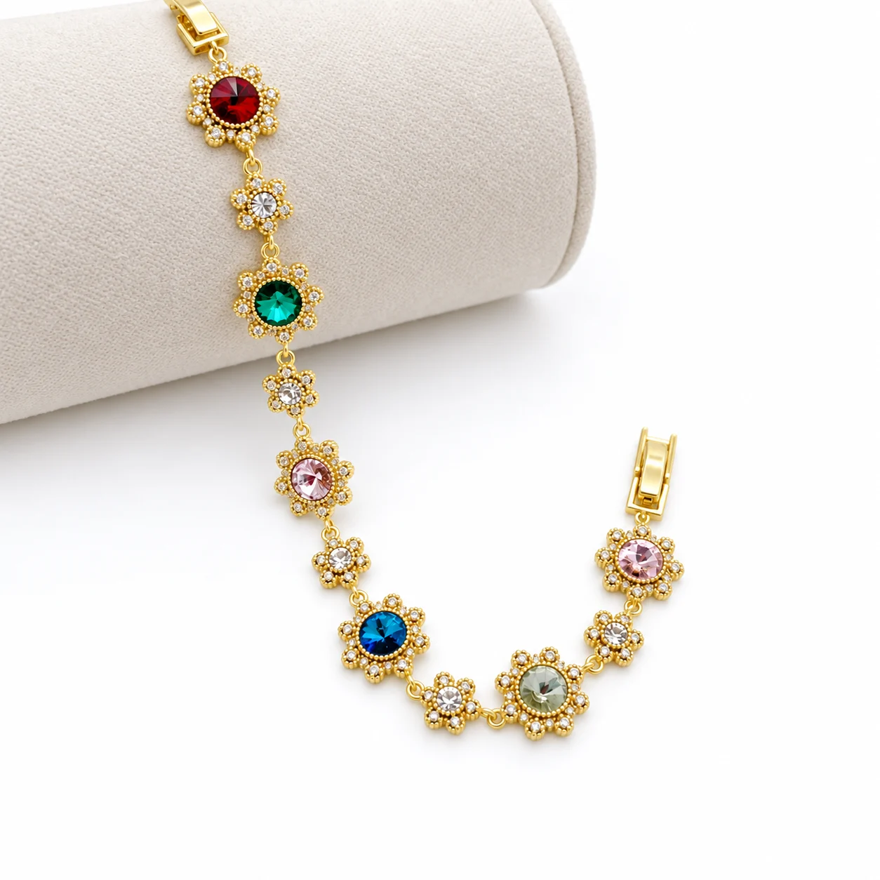 Gold-tone Multicolor Round Faceted Floral Link Bracelet