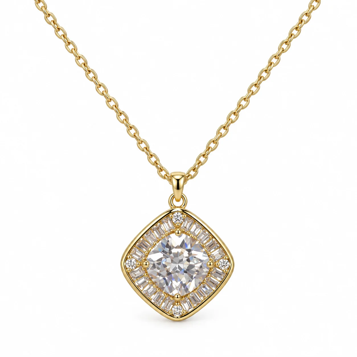 Gold-tone Rounded Diamond-shaped Pendant Necklace with Clear Halo Accents