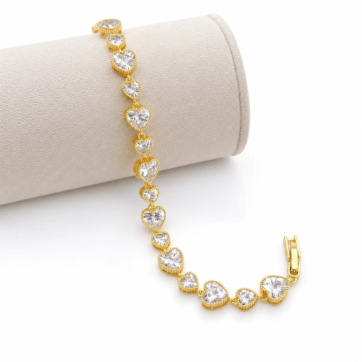 Gold-Tone Alternating Heart Bracelet with Clear Faceted Accents