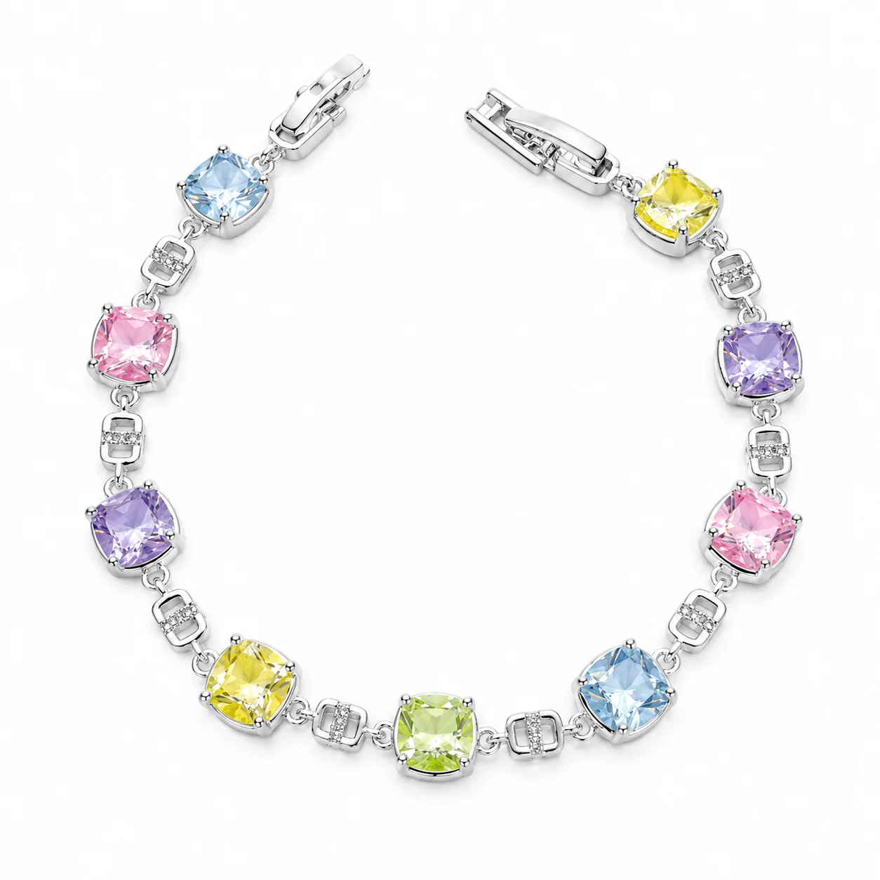 Silver-tone Bracelet with Multicolored Rounded-square Accents