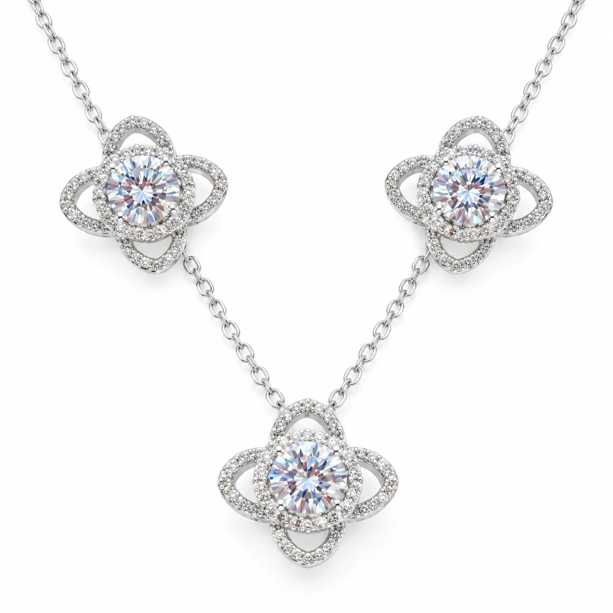 Silver-tone Openwork Four-petal Flower Necklace and Matching Earrings