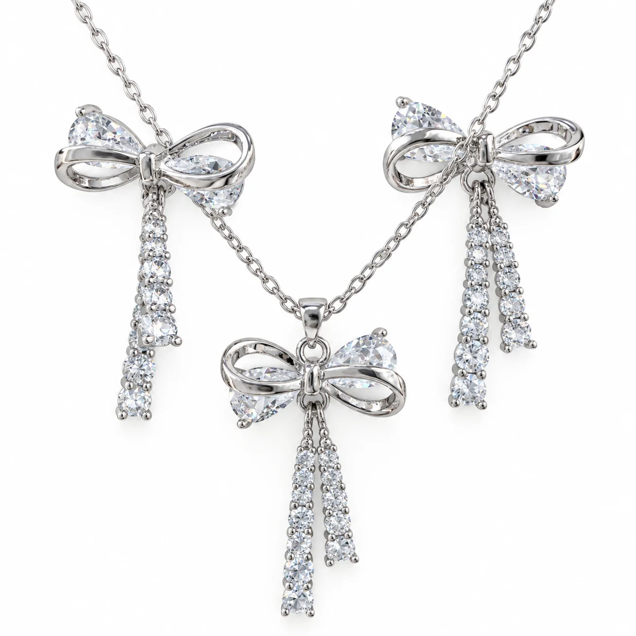 Silver-tone Openwork Bow Necklace and Double-Tassel Earrings Set