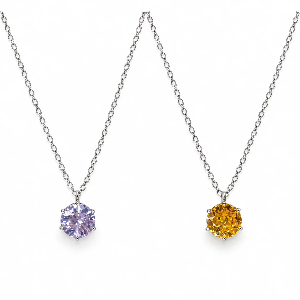 Silver-tone Fine Chain Necklaces with Round Faceted Pendants in Pale Purple and Yellow