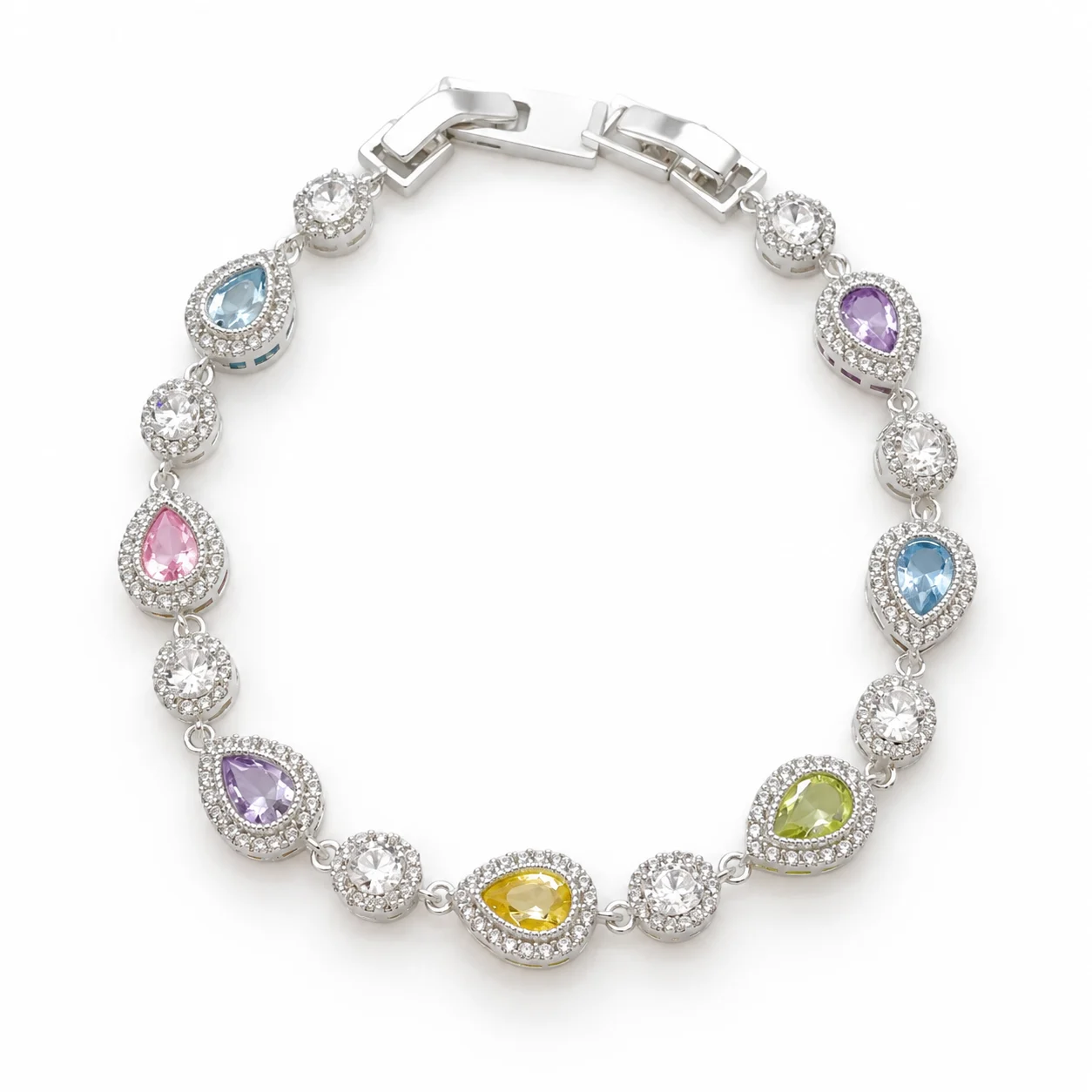 Silver-tone Multicolor Teardrop and Round Halo Link Bracelet