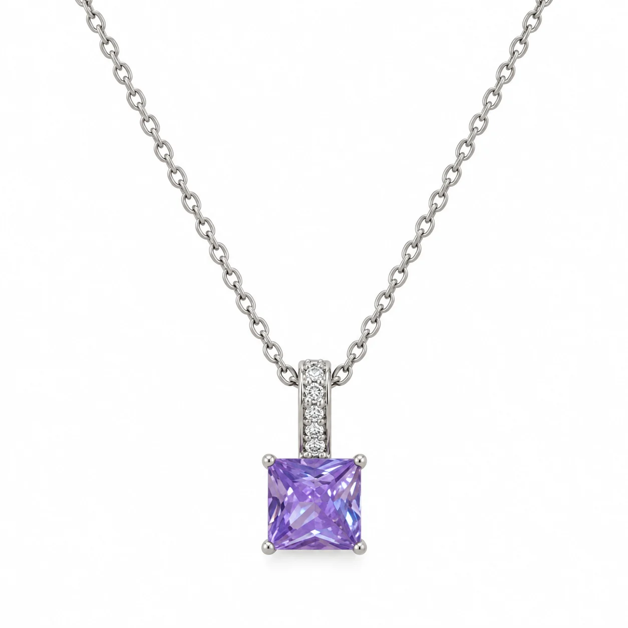 Silver-tone Fine Chain Necklace with Purple Square Faceted Pendant