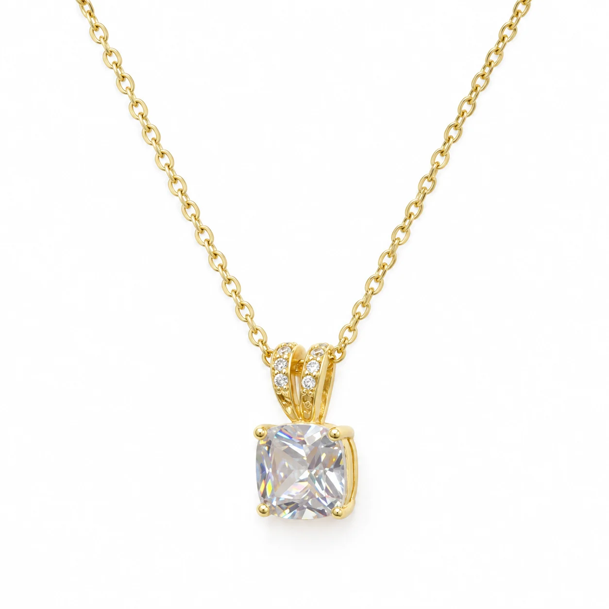 Gold-Tone Chain Necklace with Rectangular Clear Faceted Pendant