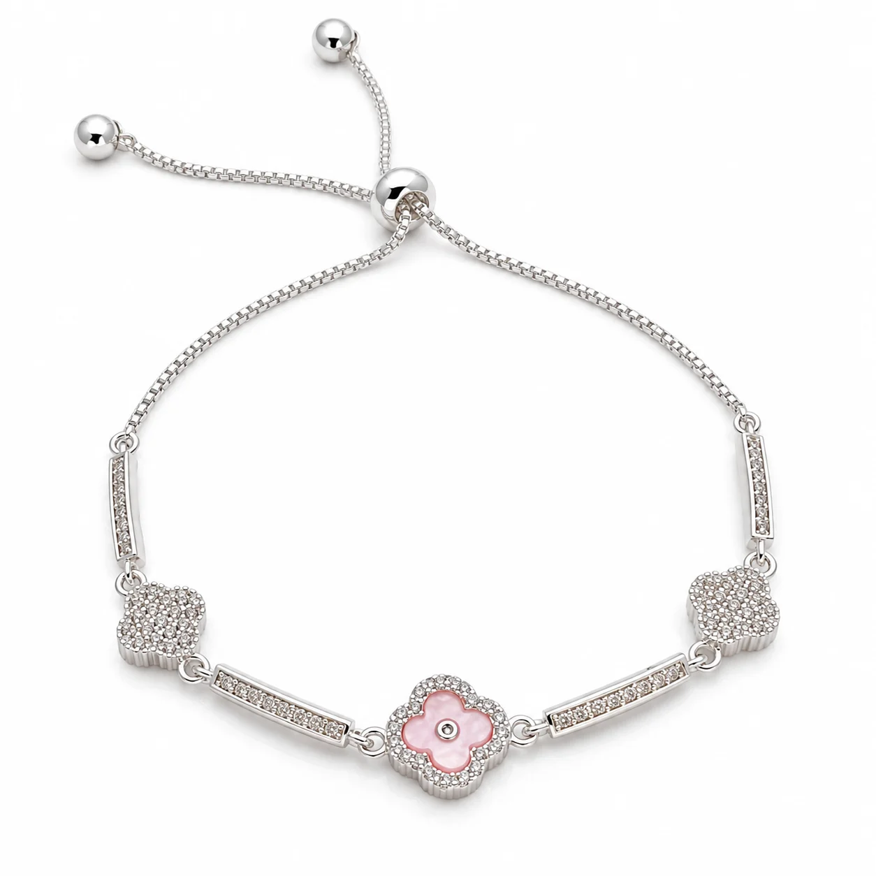 Silver-tone Bolo Bracelet with Pink Four-petal Flower