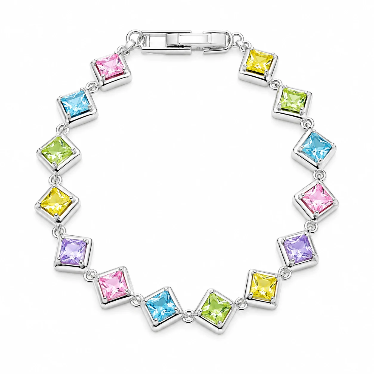Bracciale color argento con castoni quadrati multicolore