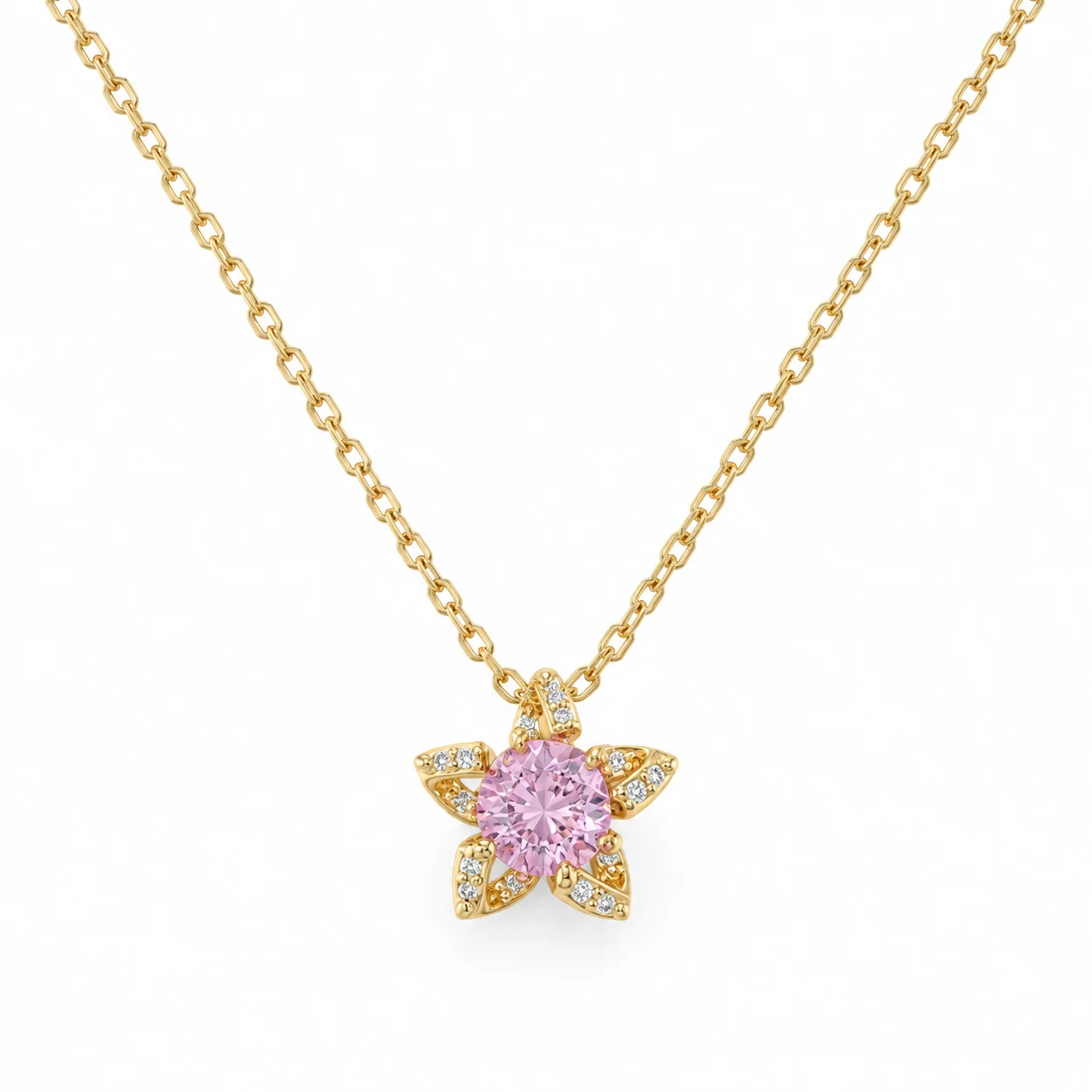 Gold-tone Fine Chain Necklace with Pink Round Accent and Star Pendant