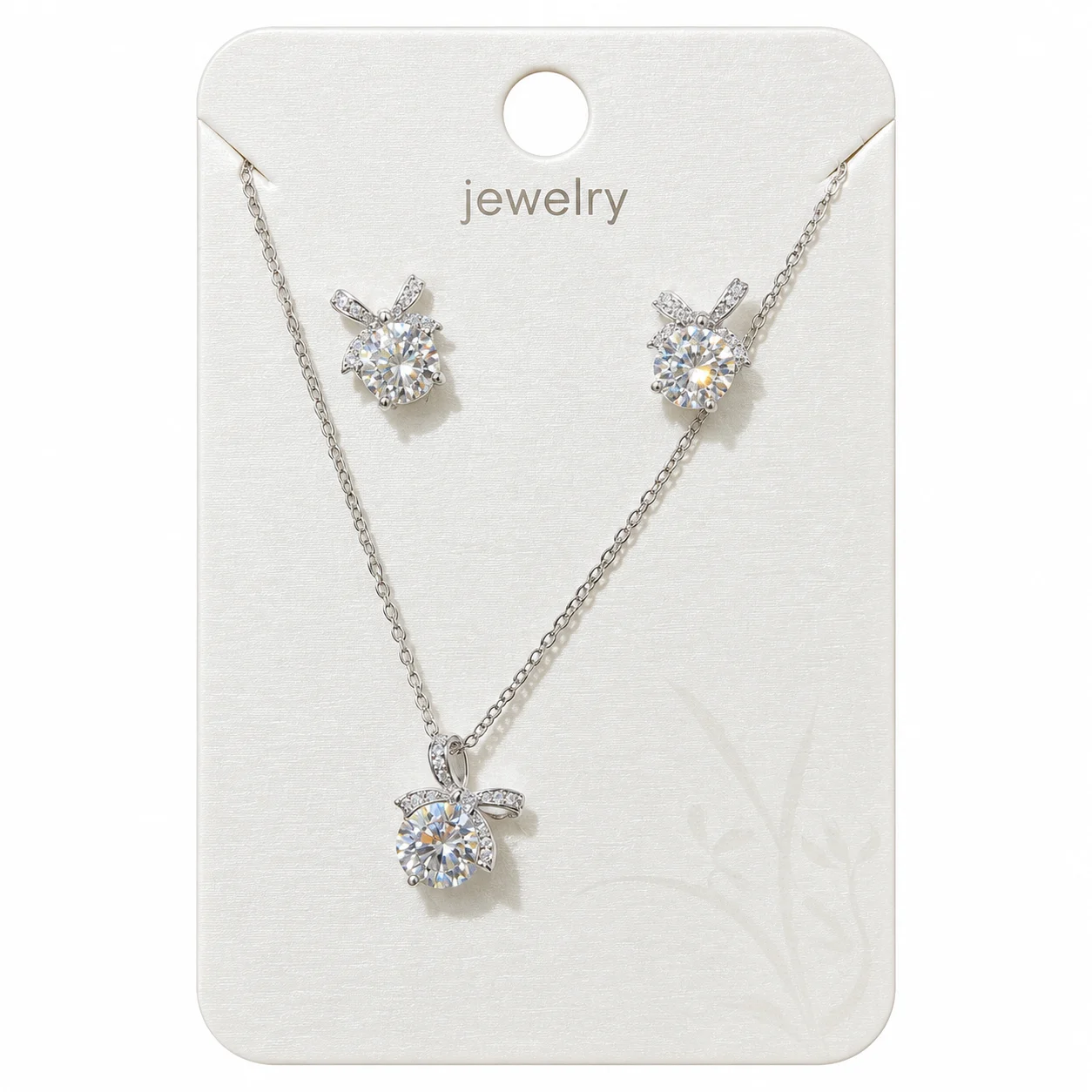Silver-tone Bow and Round Clear Sparkling Necklace and Earrings Set