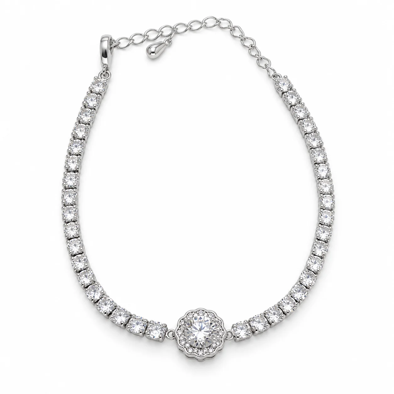Silver-tone Tennis Bracelet with Flower-edged Round Halo Center