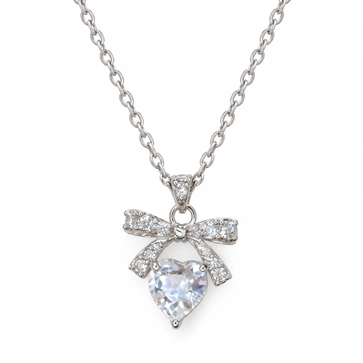 Silver-tone Bow and Clear Heart-shaped Stone Pendant Necklace