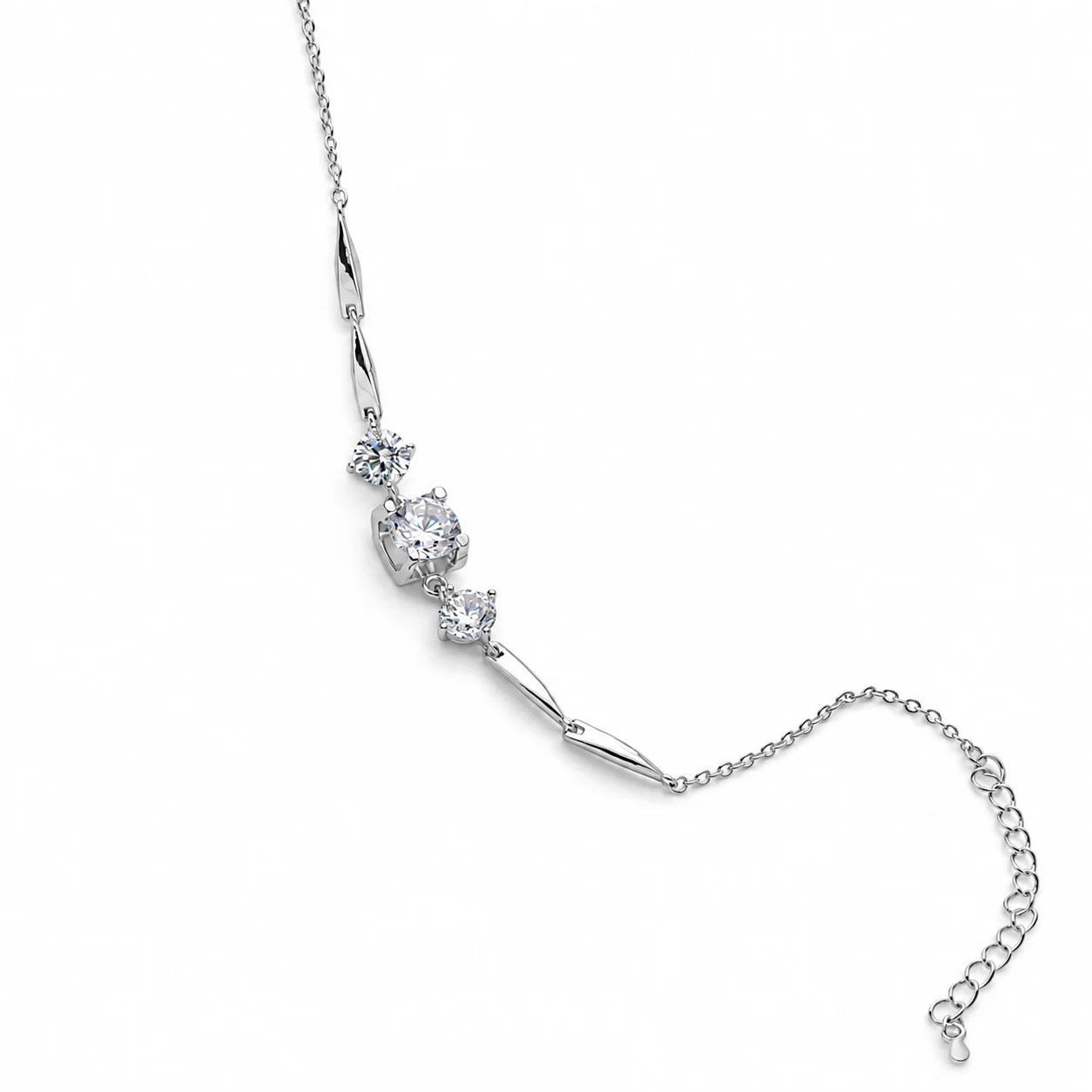 Silver-tone Chain Bracelet with Three Round Clear Stones and Geometric Links