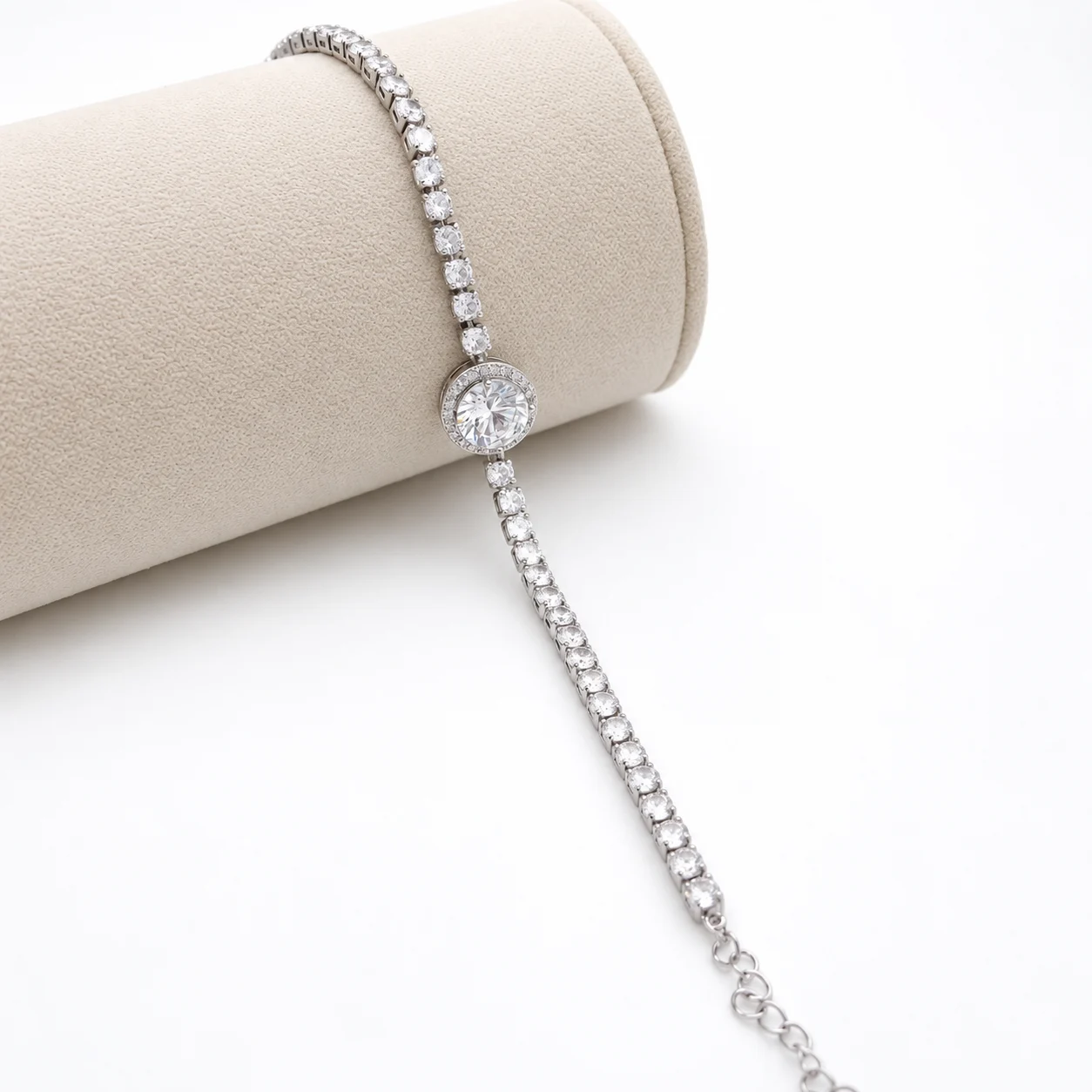 Silver-tone Tennis Bracelet with Round Halo Centerpiece