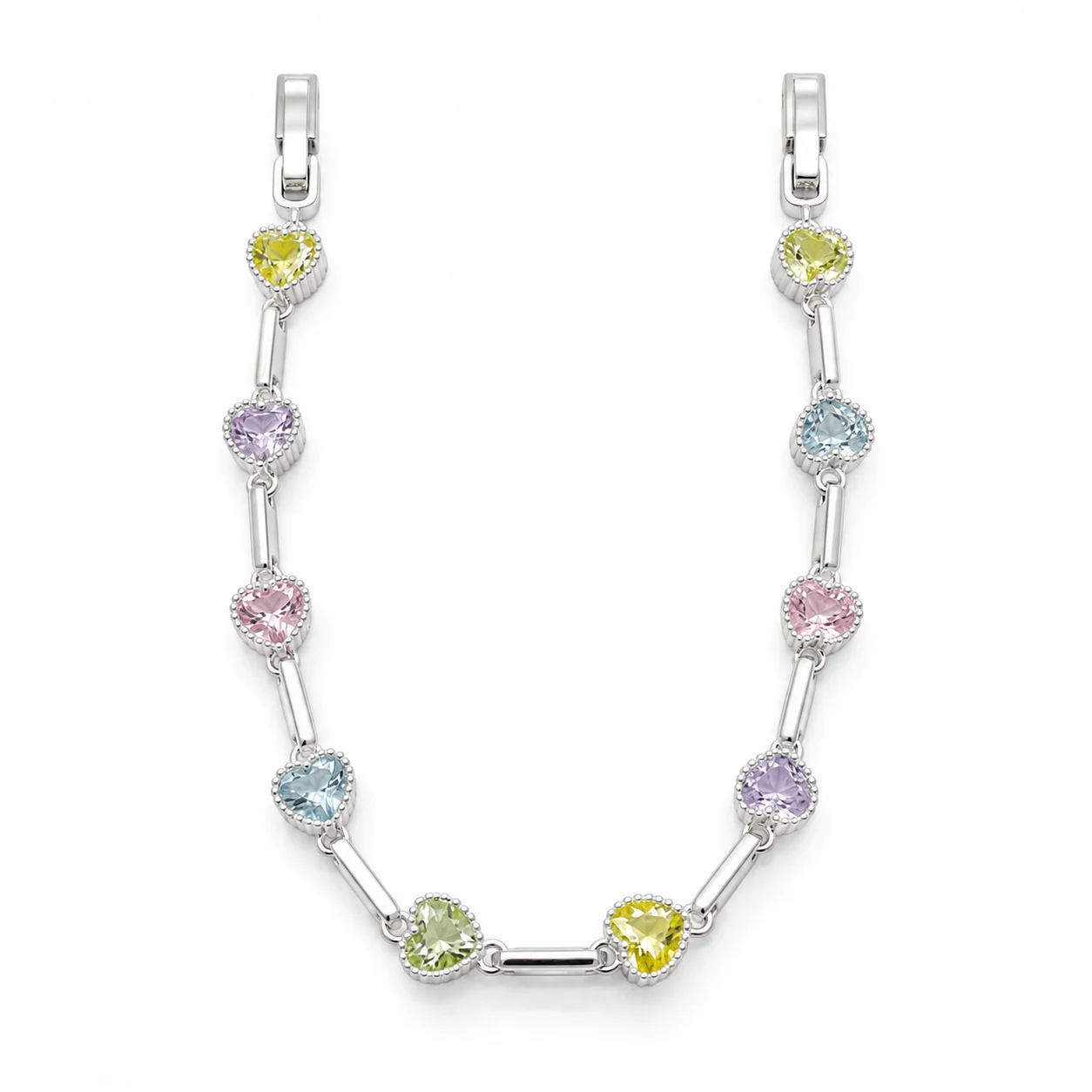 Silver-tone Multicolor Heart and Bar Link Bracelet