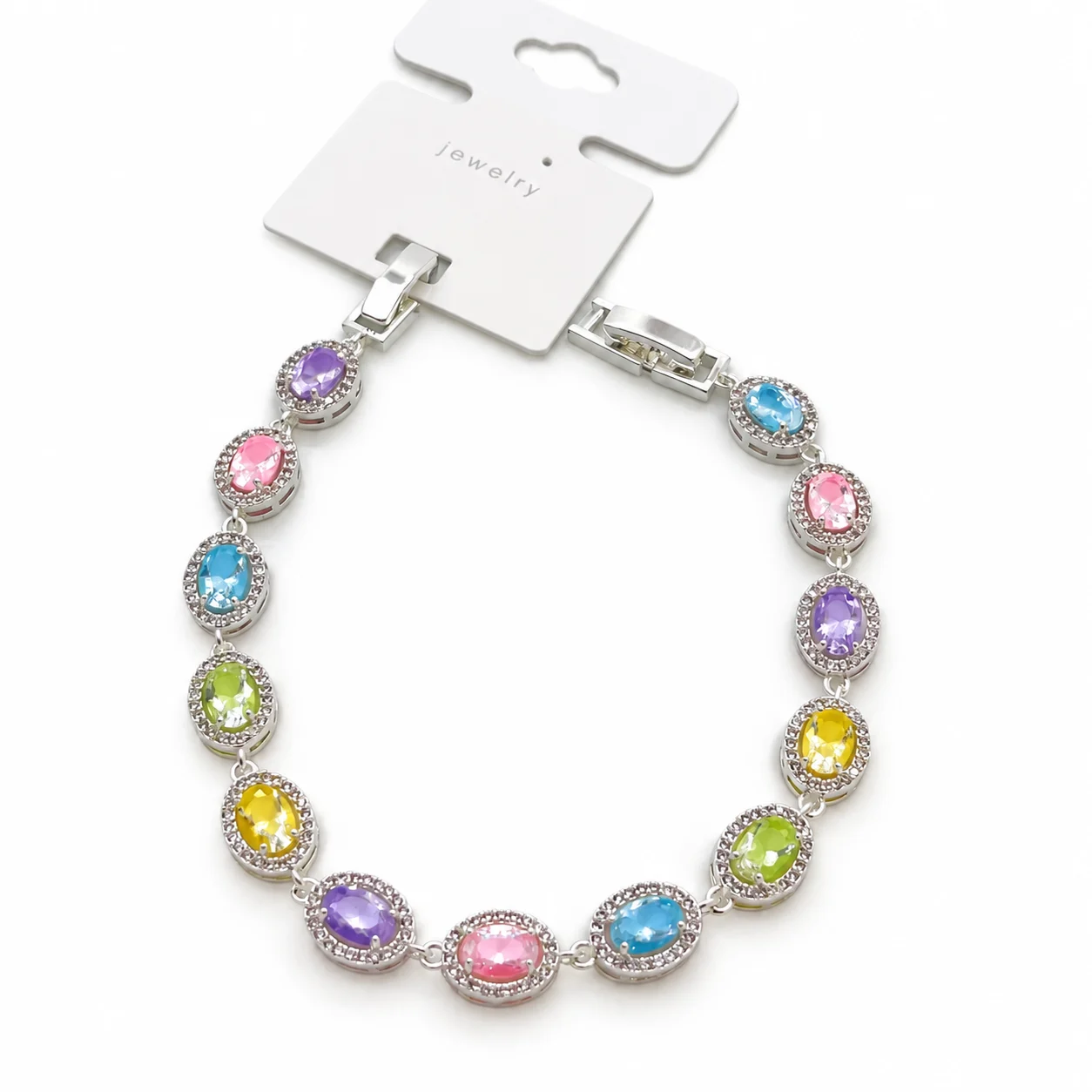 Silver-tone Multicolor Oval Halo Link Bracelet · 021379.8