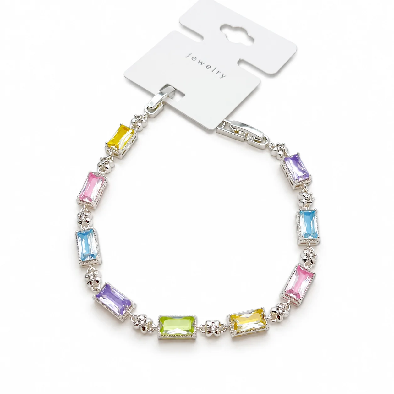 Silver-tone Multicolor Rectangular Stone Bracelet with Flower Links · 029663