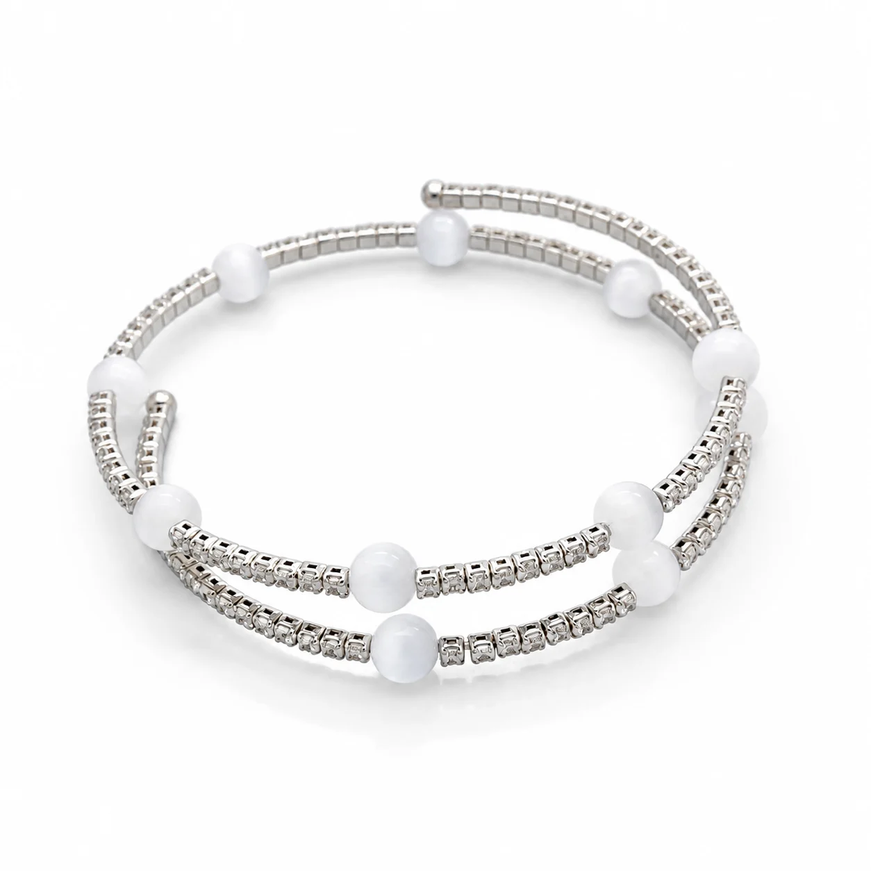 Silver-tone Open Bracelet with White Round Beads and Rows of Sparkling Accents · 006234