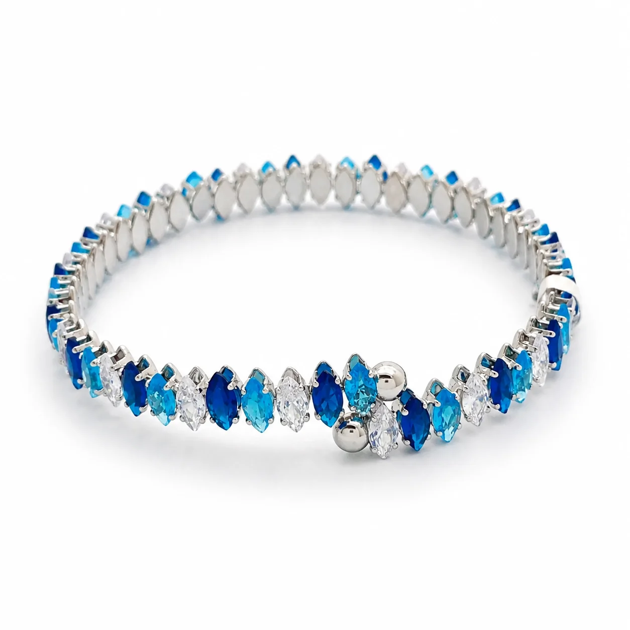 Silver-Tone Open Cuff with Blue and Clear Marquise-Shaped Accents · 008026