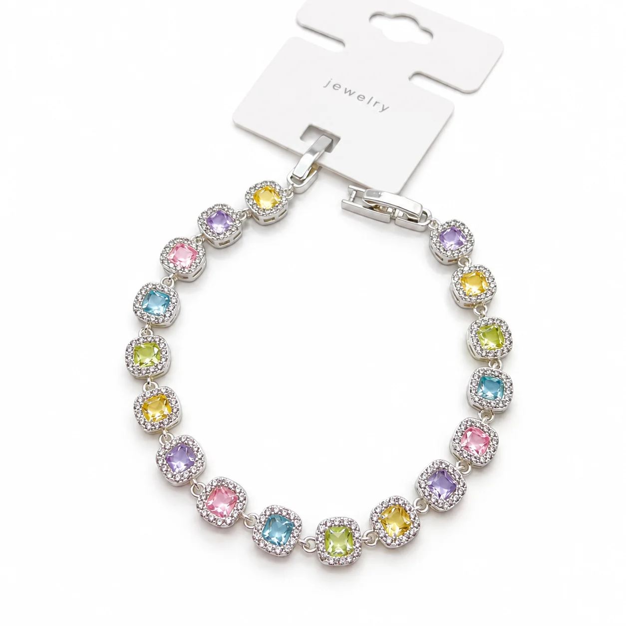 Silver-tone Multicolor Rounded-square Halo Bracelet · 021591