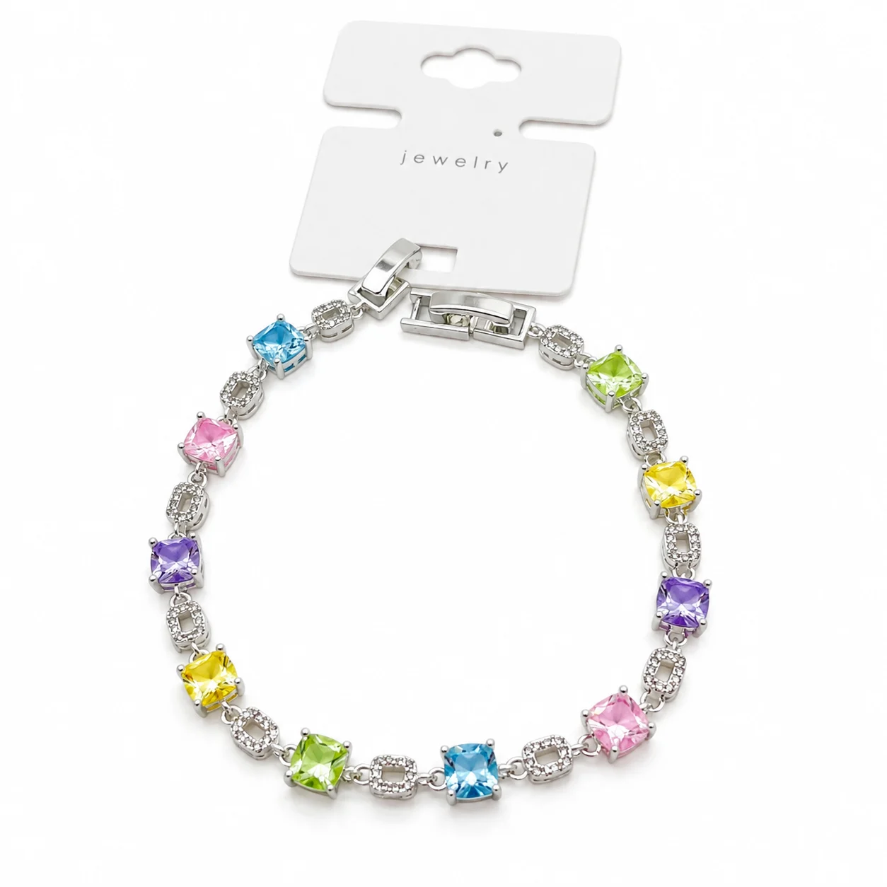 Silver-tone Bracelet with Multicolor Square Stones and Openwork Links · 025673