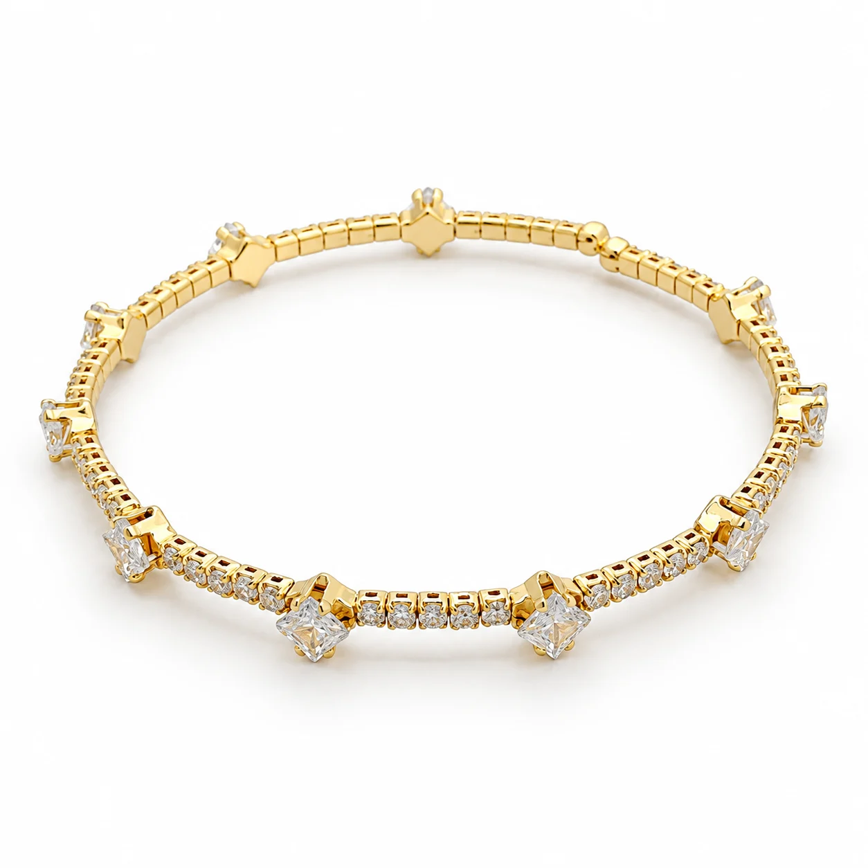 Gold-tone Clear Round-Stone Line Bracelet with Spaced Square Accents · 000817