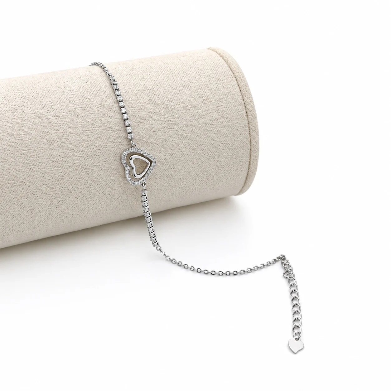 Silver-tone Openwork Double-Heart Bracelet with Clear Stones · 015935