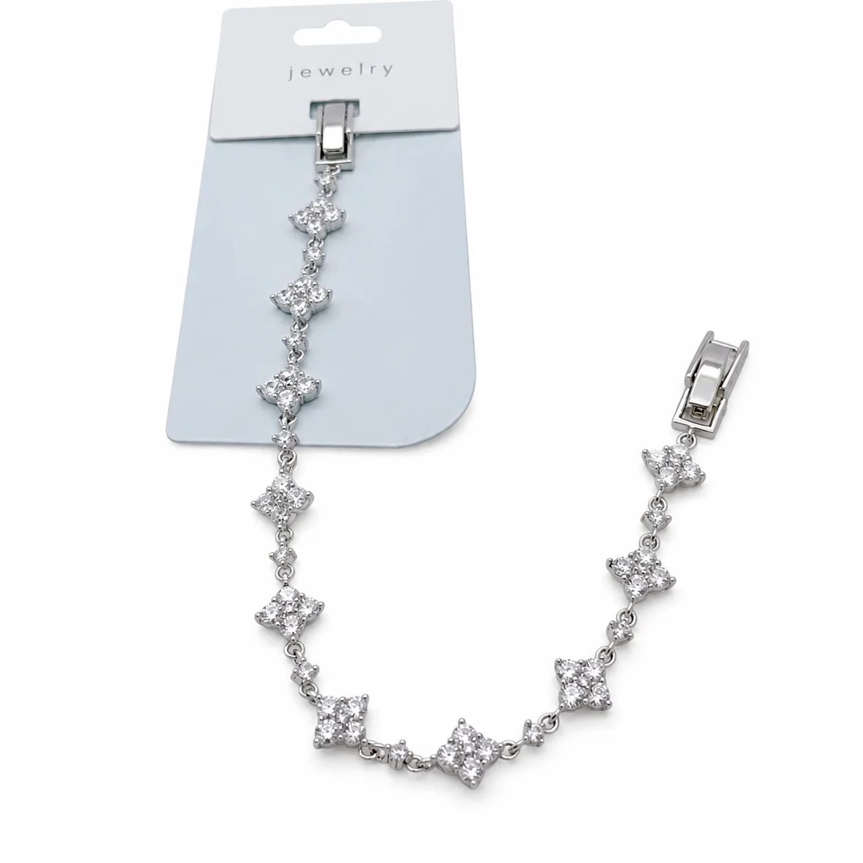 Silver-tone Four-petal Floral Clear-stone Link Bracelet · 024359